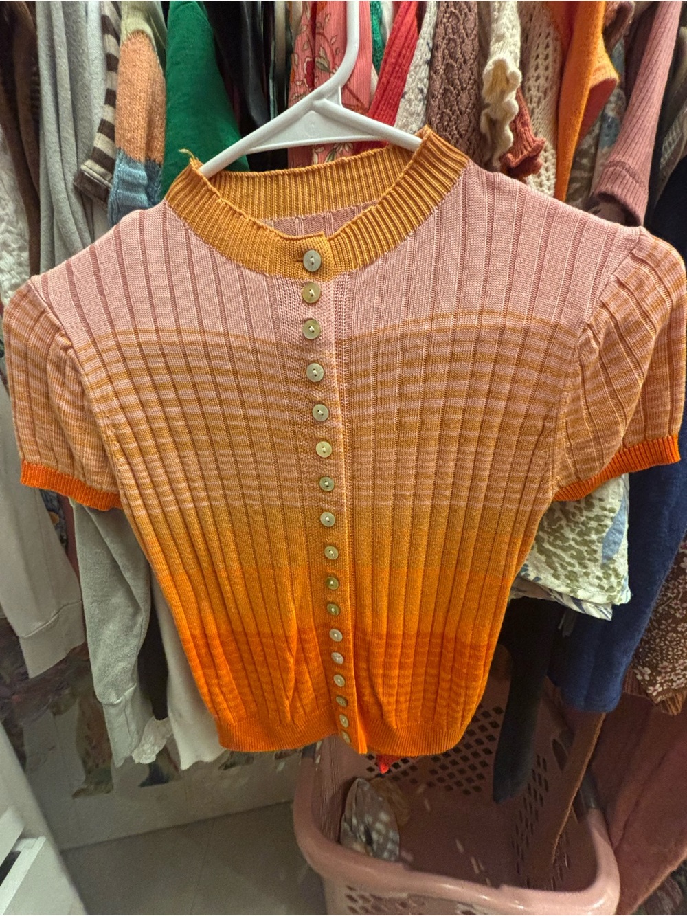Ribbed Short-Sleeve Button Front Top in Pink & Orange
